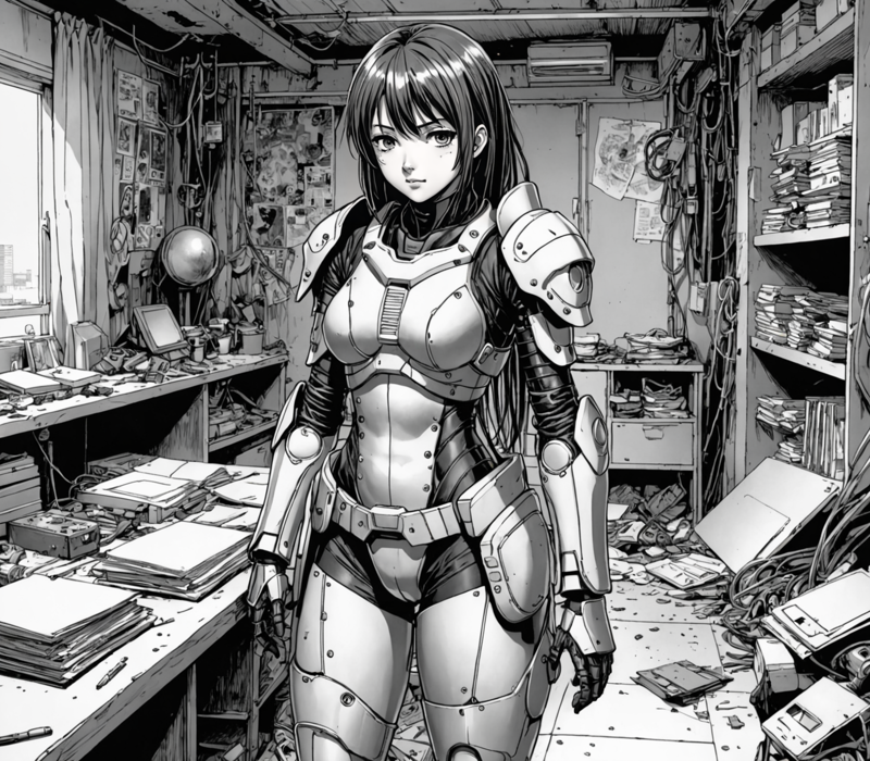 31076334-1434879894-manga by kentaro miura, black and white, girl wearing a cybernetic armor, messy room, post-apocalyptic, lineart.png